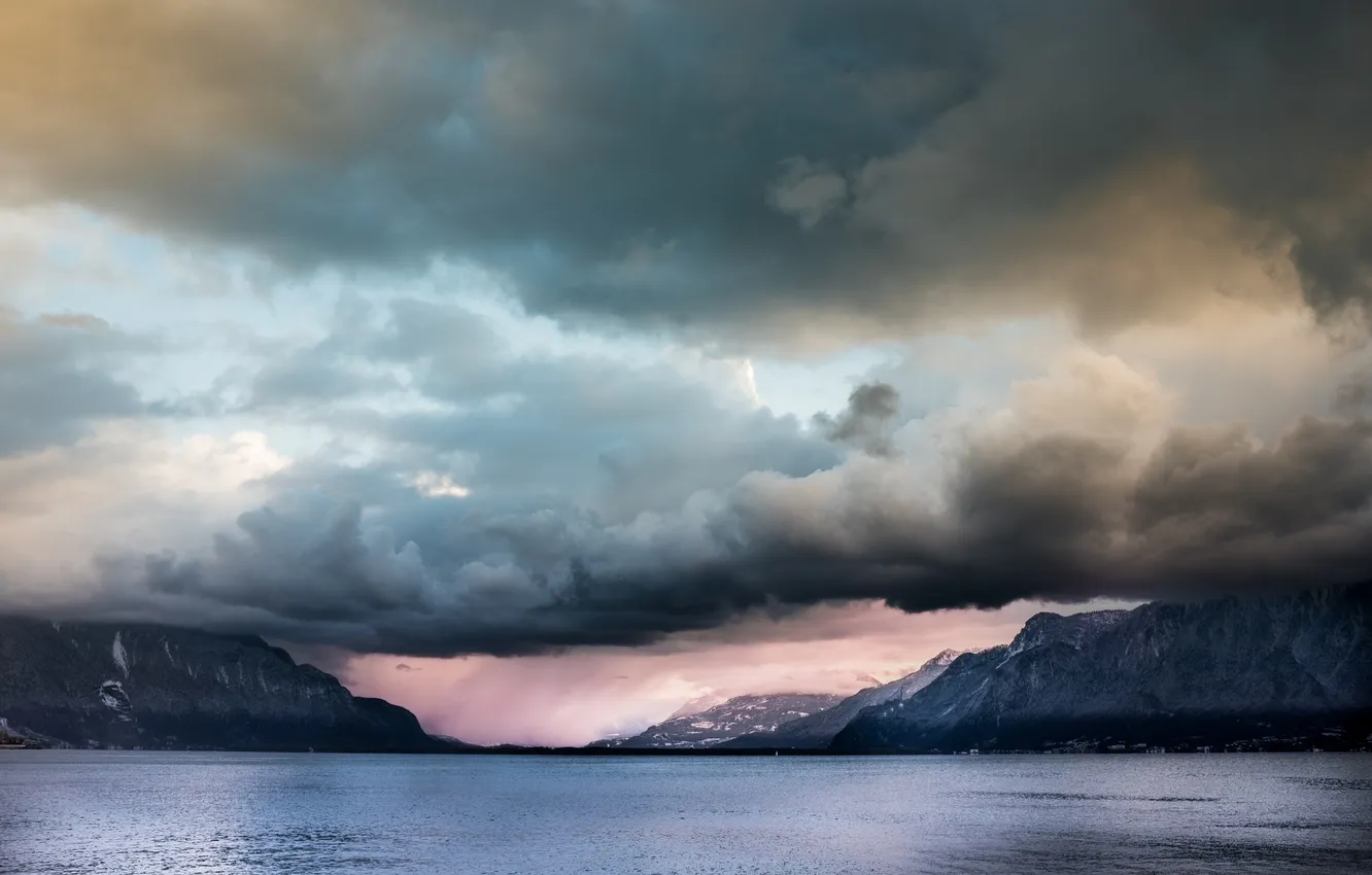 Photo wallpaper the storm, the sky, clouds, river, Mountains
