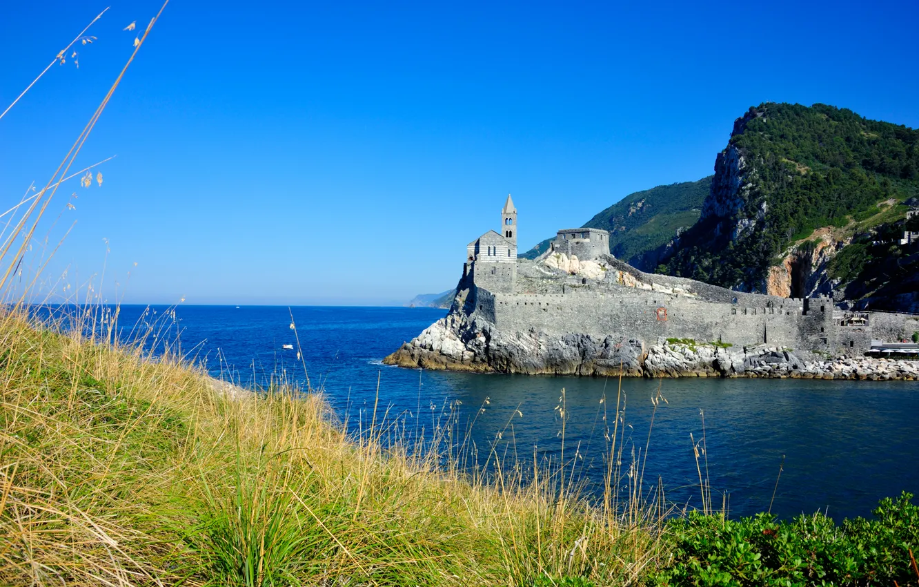 Photo wallpaper sea, the sky, grass, mountains, rocks, Church