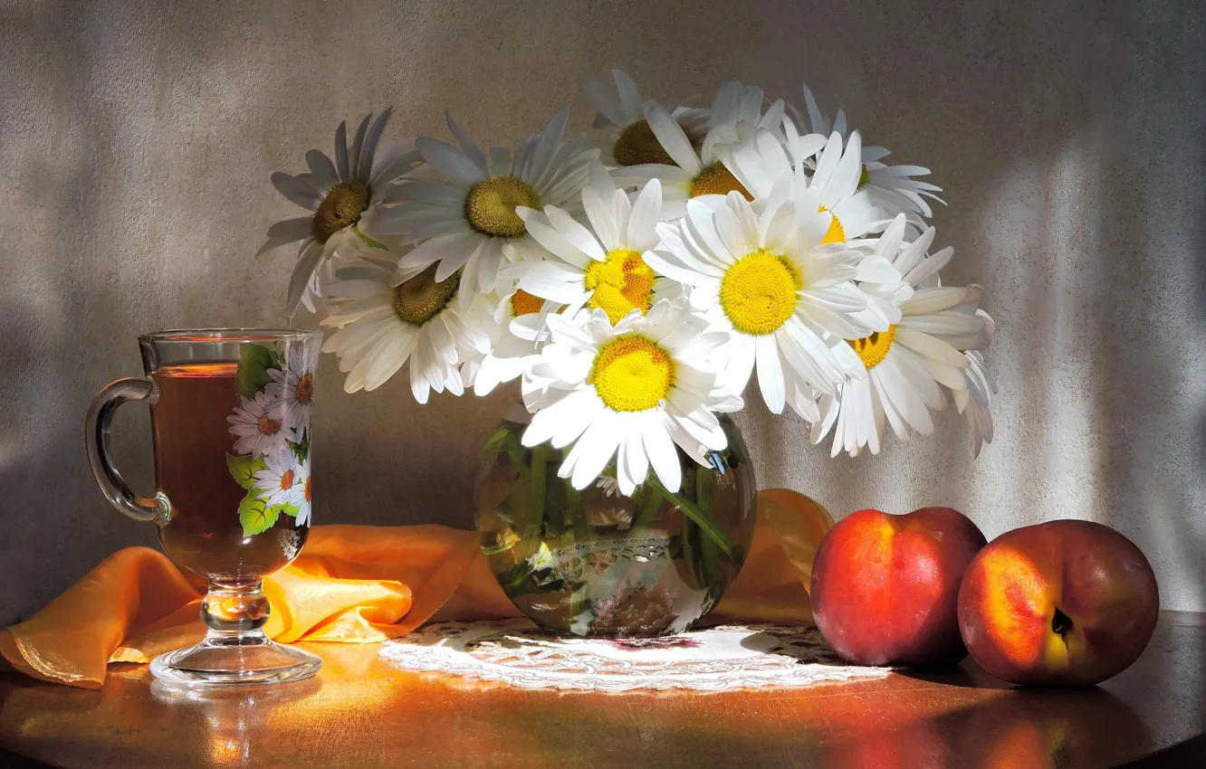 Photo wallpaper flowers, photo, tea, glass, chamomile, morning, fruit, still life