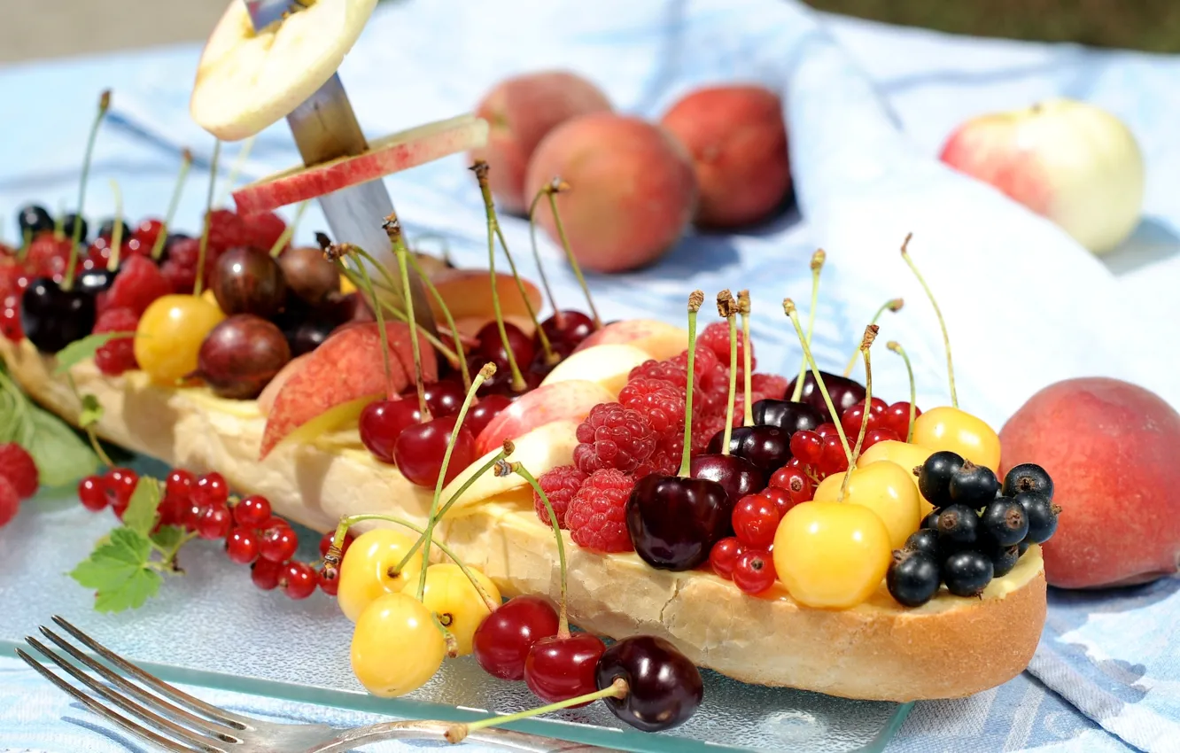 Photo wallpaper summer, berries, raspberry, apples, peaches, currants, gooseberry, cherry