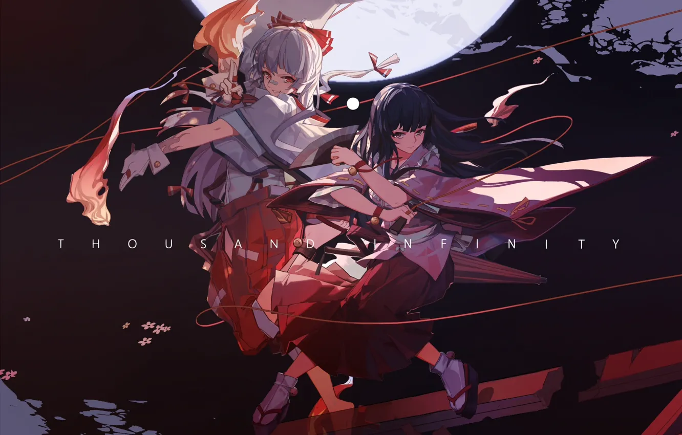 Photo wallpaper the full moon, priestess, white hair, red thread, Fujiwara no Mokou, Project East, by Miv4t, …
