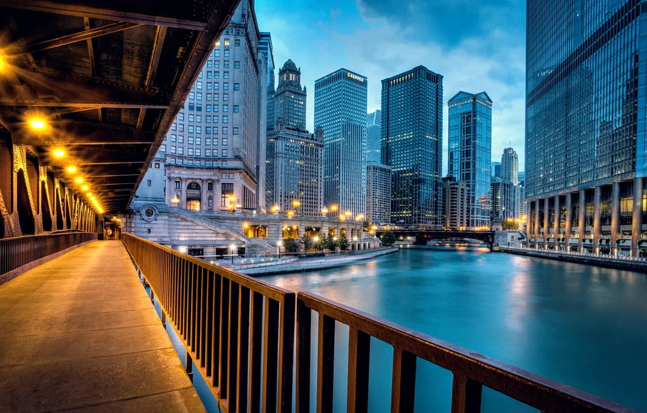 Photo wallpaper road, light, bridge, the city, river, building, home, skyscrapers