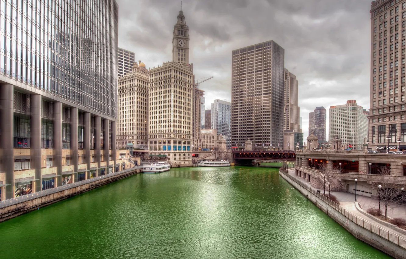 Photo wallpaper USA, river, home, Il, bridge, tower, Chicago