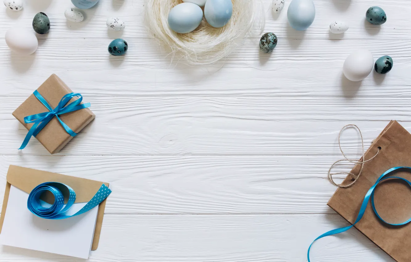 Photo wallpaper eggs, blue, Easter, tape, white, white, wood, blue