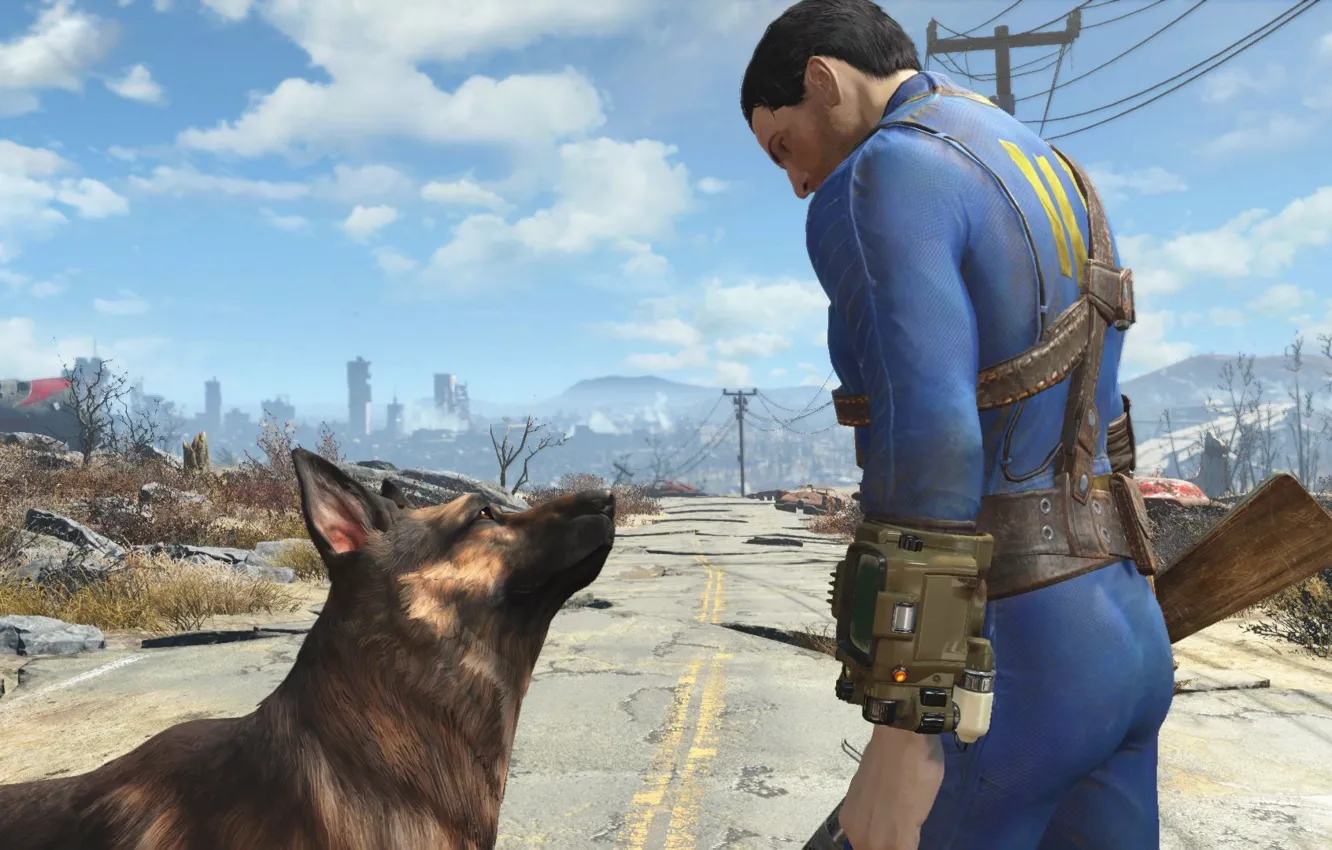 Photo wallpaper the game, dog, the gun, Fallout, Boston, postapokalipsis, Bethesda Softworks, Bethesda