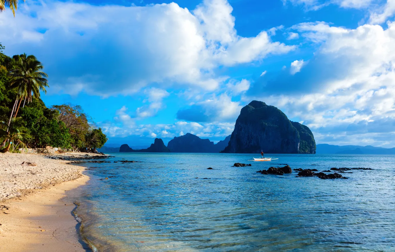 Photo wallpaper sand, sea, the sky, the sun, clouds, stones, palm trees, rocks