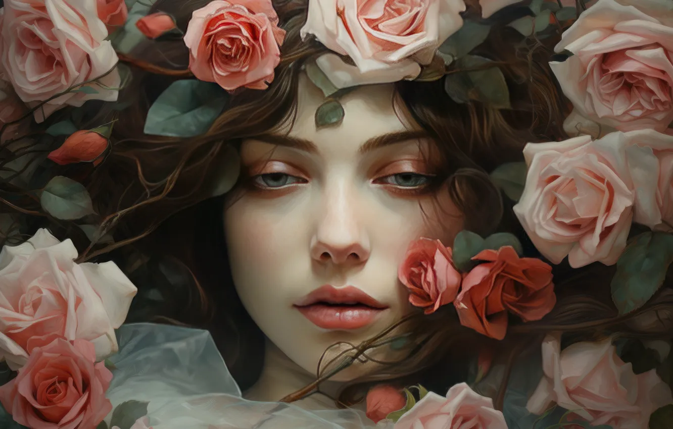 Wallpaper Look, Leaves, Girl, Flowers, Face, Portrait, Roses, Makeup 