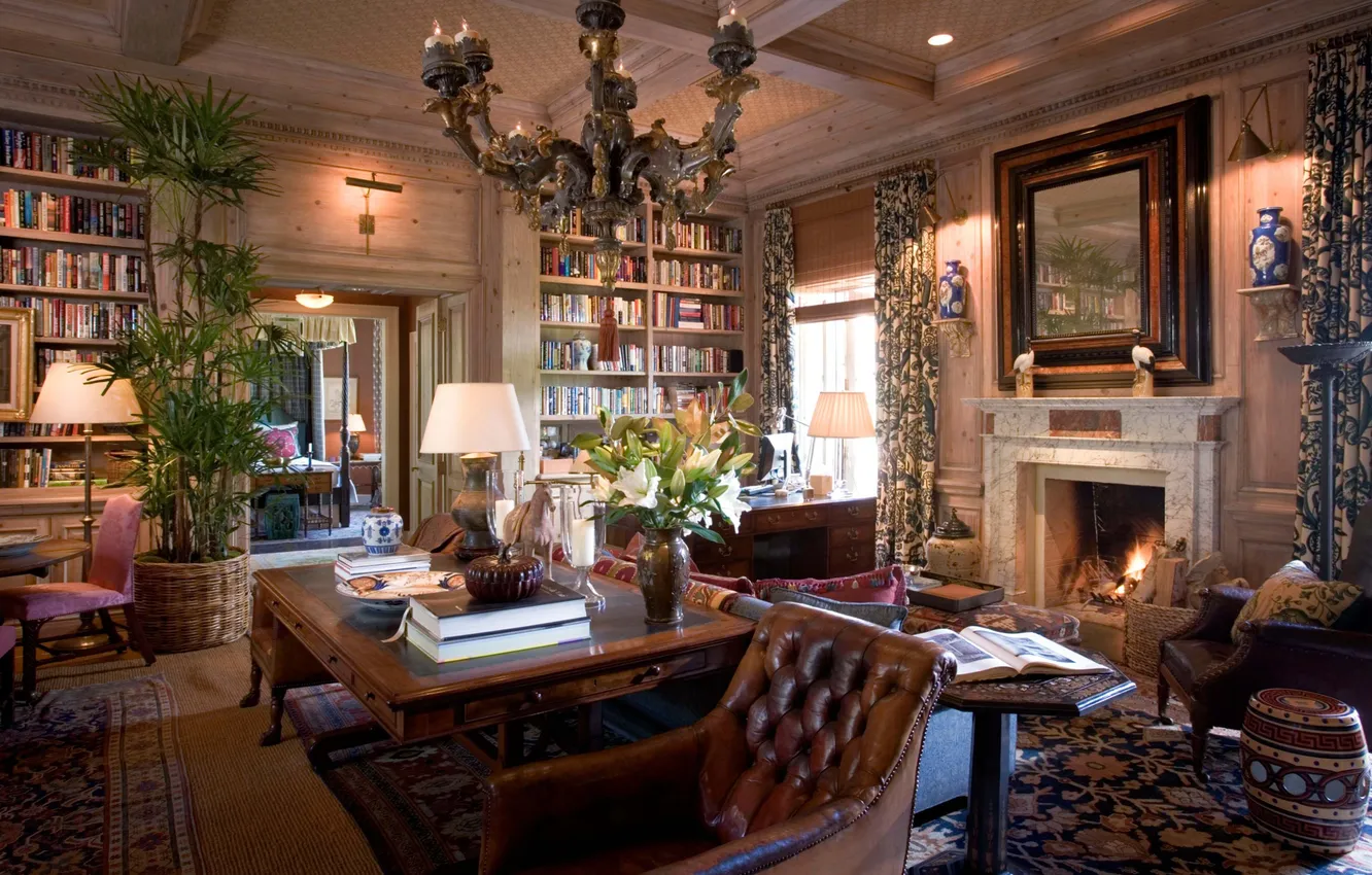 Photo wallpaper living room, design, interior, fireplace, English style, library