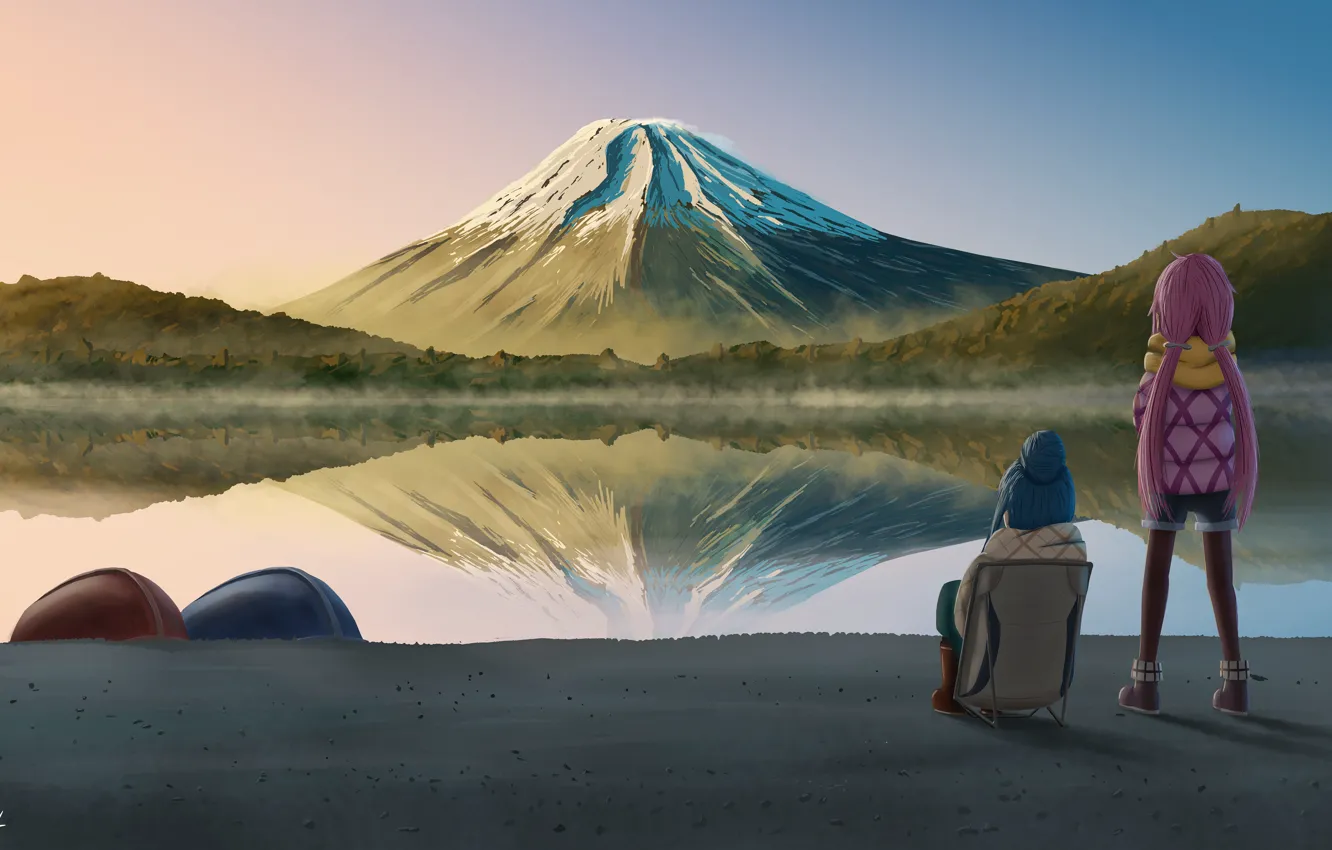 Photo wallpaper landscape, mountains, nature, campsites, Laid-Back Camp, Girly camping