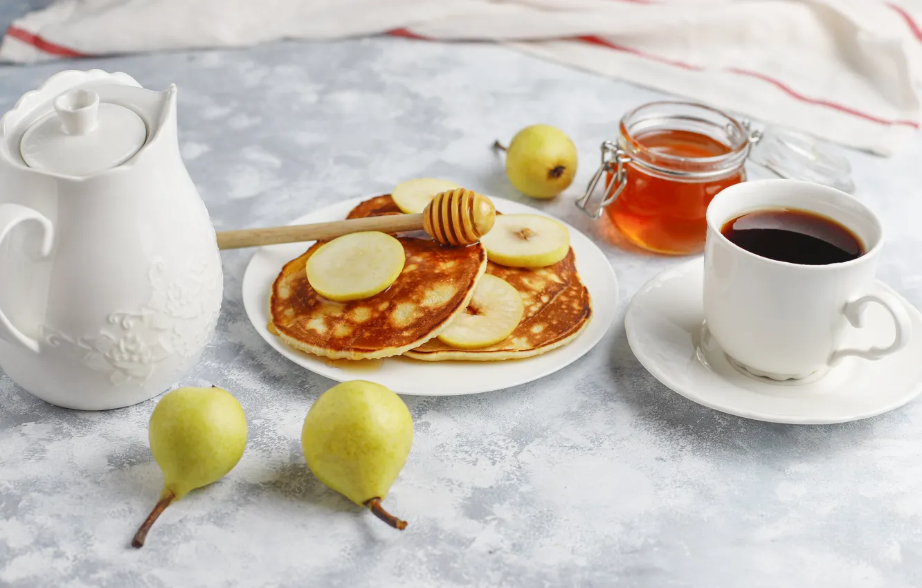 Photo wallpaper coffee, Breakfast, kettle, Cup, pear, honey, pear, pancakes