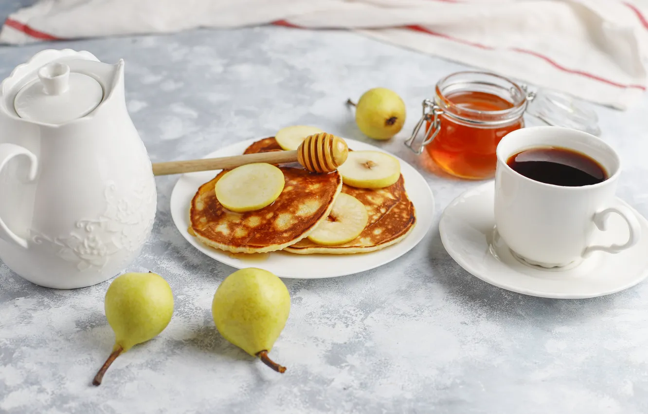 Photo wallpaper coffee, Breakfast, kettle, honey, Cup, pear, pancakes