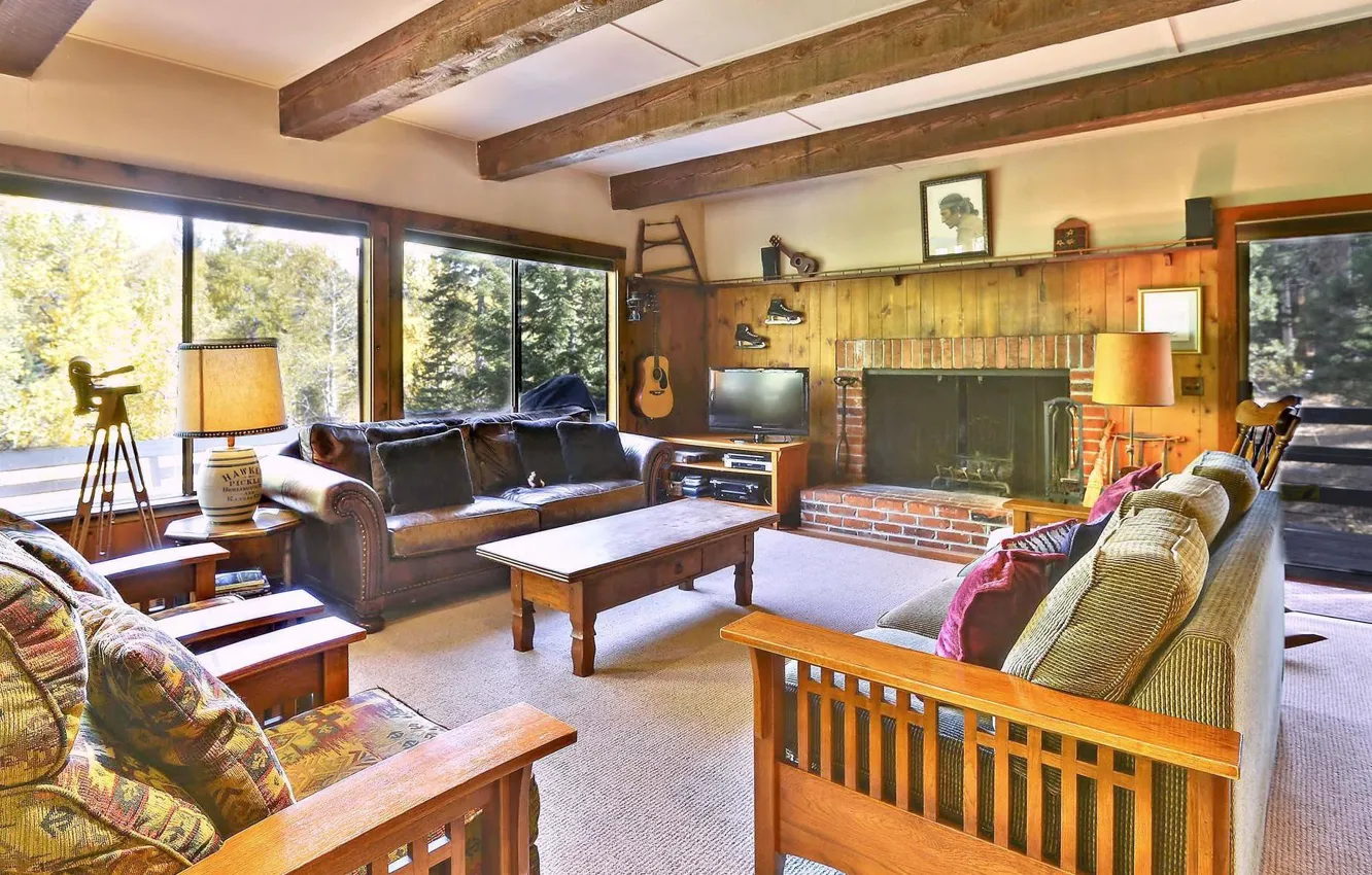 Photo wallpaper design, interior, fireplace, living room, Lake Tahoe Vacation
