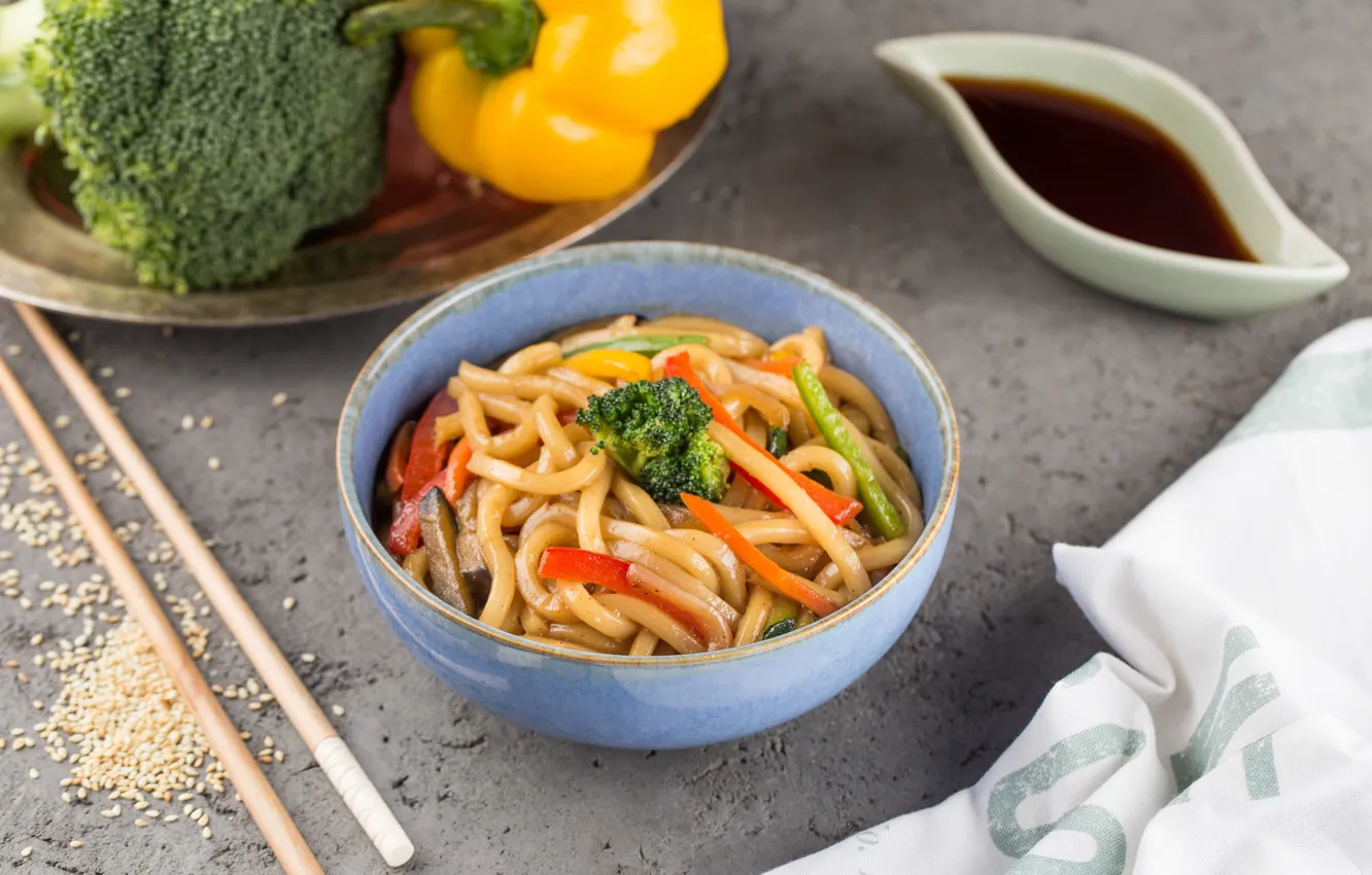Photo wallpaper pepper, soy sauce, broccoli, noodles