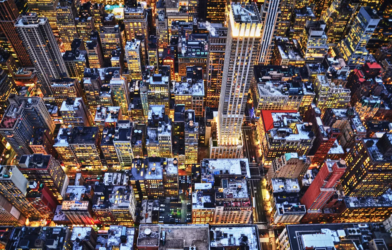 Photo wallpaper winter, lights, building, skyscrapers, the evening, roof, new York, new york