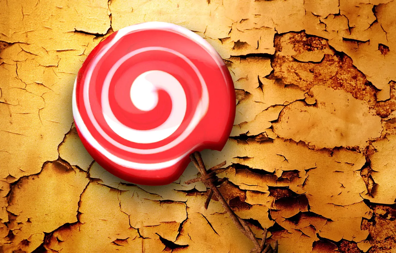 Photo wallpaper lollipops, barbed wire, peeling wall