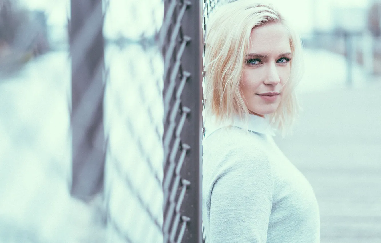 Photo wallpaper the fence, portrait, blonde, beauty, bokeh, Eva, Olivier Merzoug