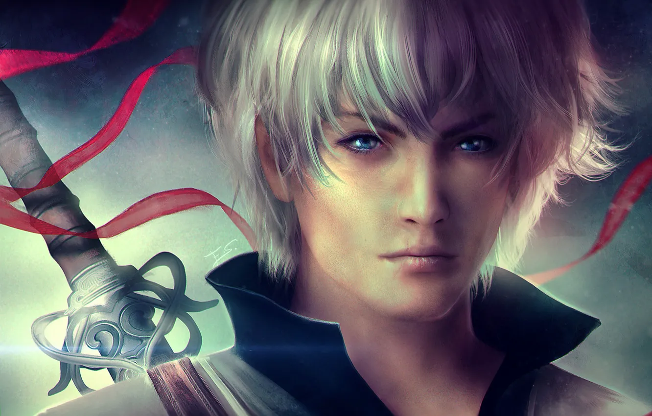Photo wallpaper look, hair, sword, art, guy, white hair