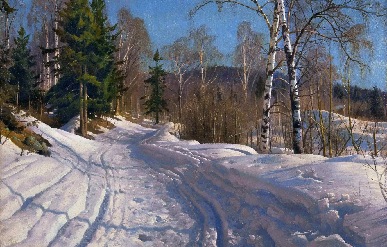 Photo wallpaper winter, road, snow, trees, picture, Norway, Danish painter, Lillehammer