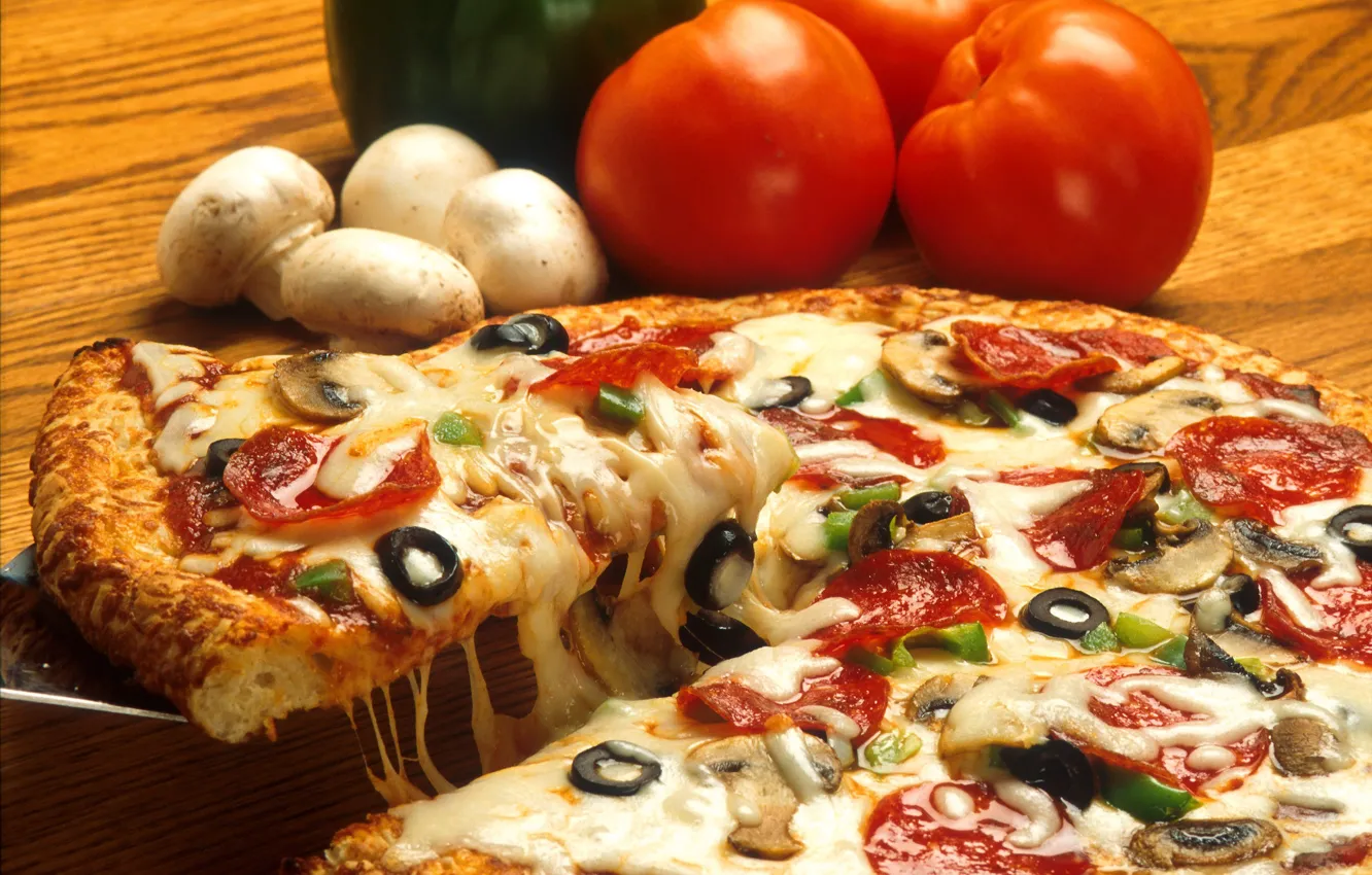Photo wallpaper Tomato, Pizza, Mushroom, Food