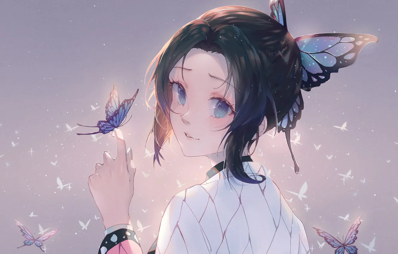 Photo wallpaper butterfly, anime, Anime, Kimetsu no Yaiba, blue-eyed girl, Shinobu Kocho
