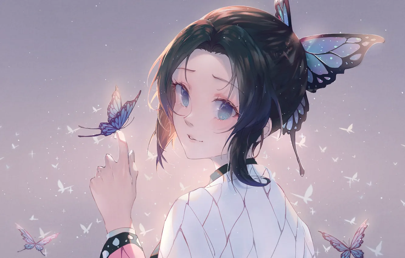 Photo wallpaper butterfly, anime, anime, Kimetsu no Yaiba, blue-eyed girl, Shinobu Kocho