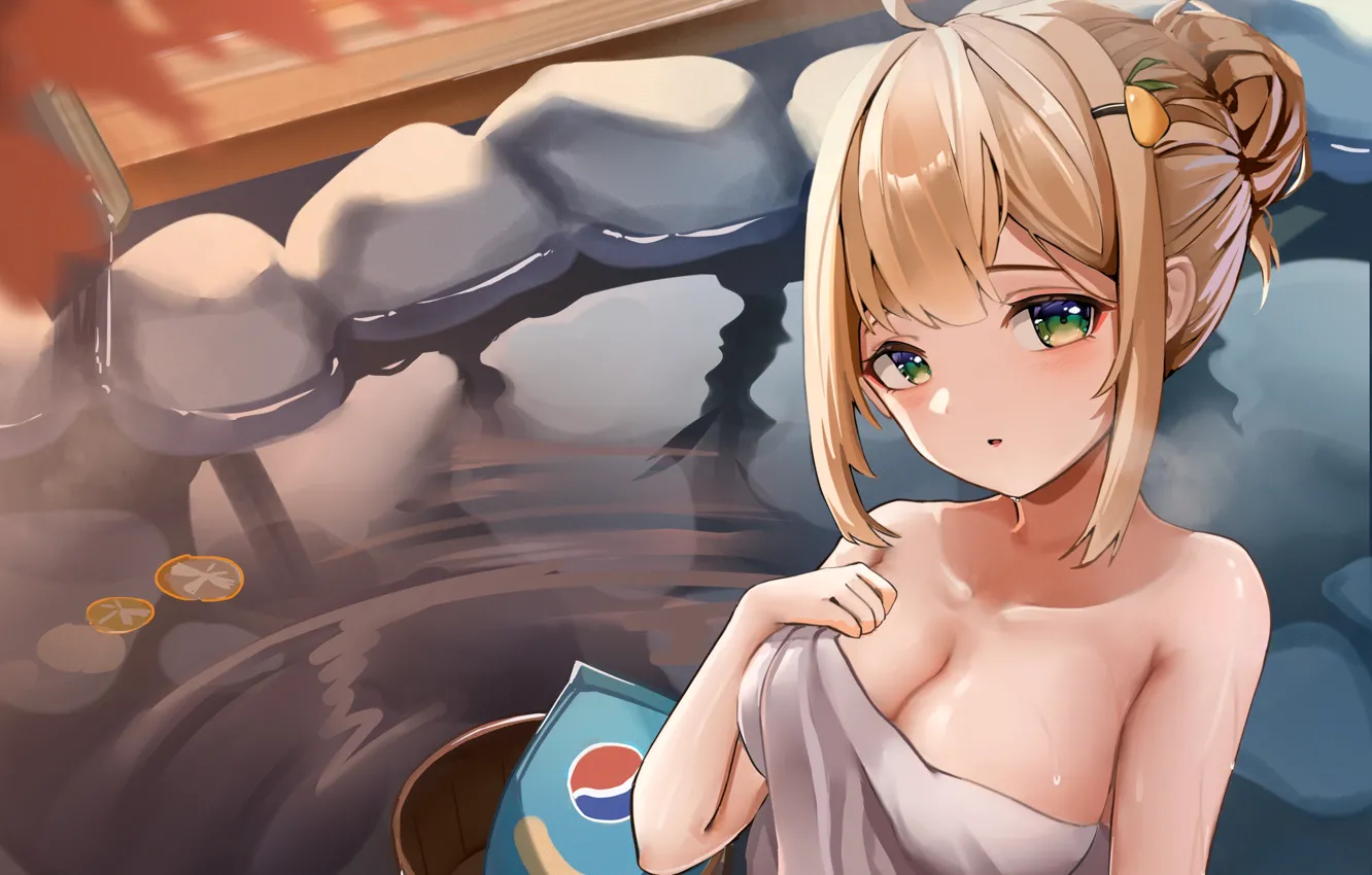Photo wallpaper girl, sexy, wet, cleavage, green eyes, boobs, anime, water