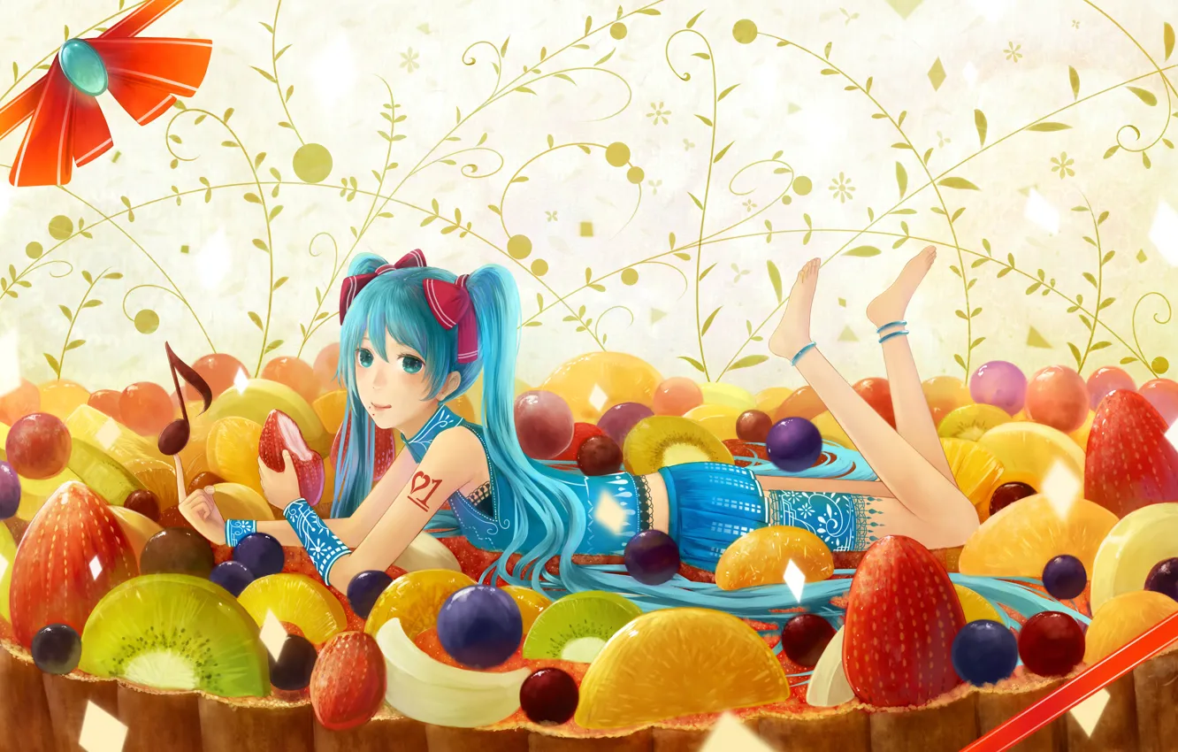 Photo wallpaper girl, pose, smile, mood, sweets, lies, vocaloid, hatsune miku