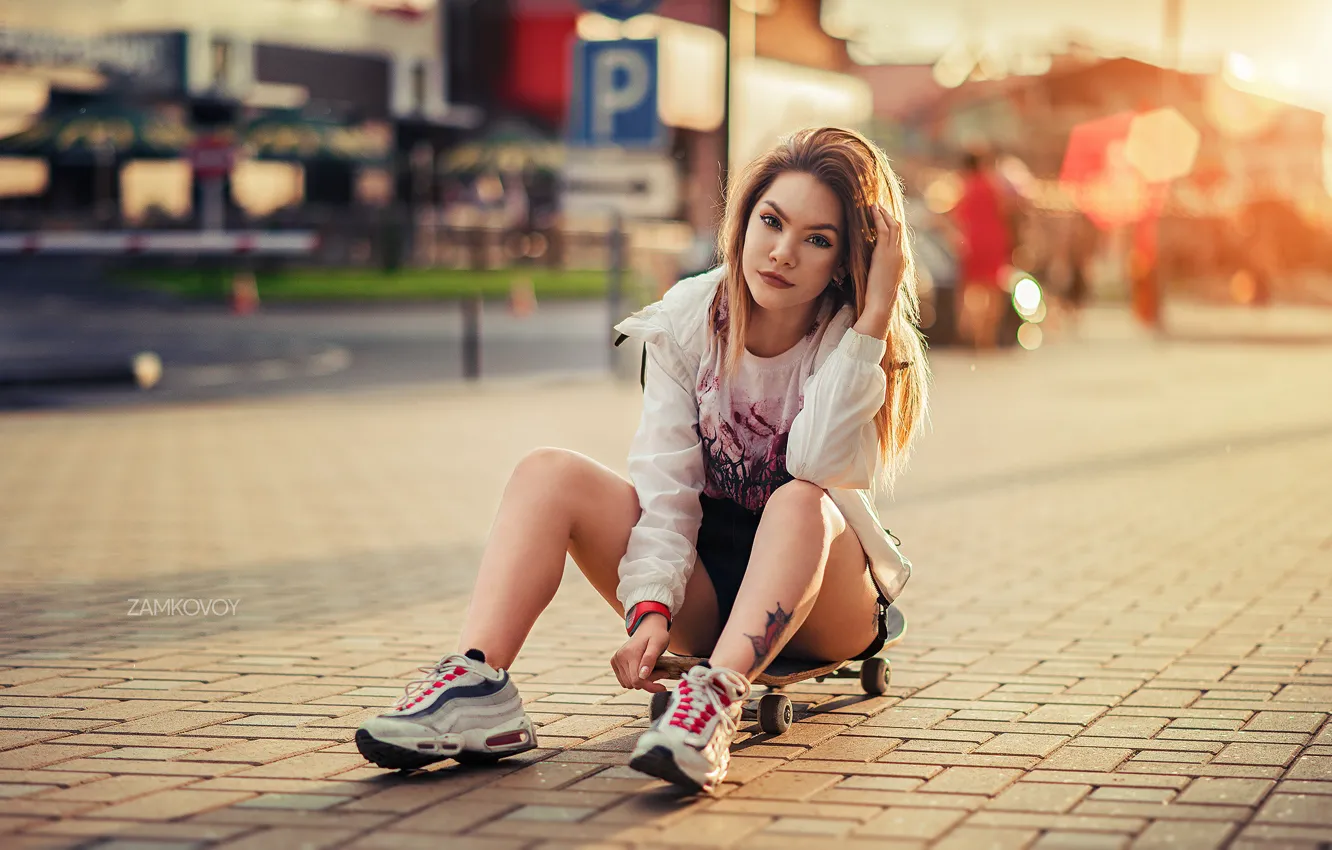 Photo wallpaper look, girl, pose, feet, sneakers, skateboard, Artem Castle