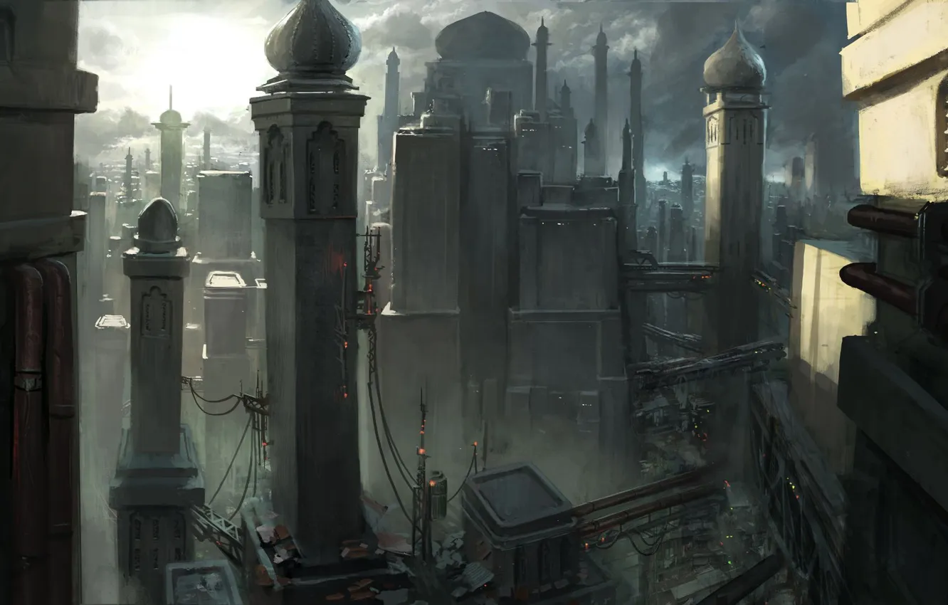 Photo wallpaper clouds, the city, future, building, India, art, Michal Kus