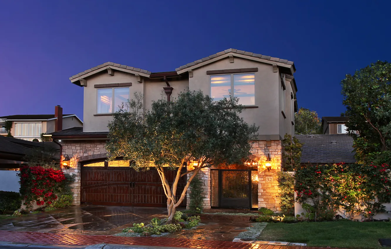 Photo wallpaper trees, night, design, the city, photo, home, mansion