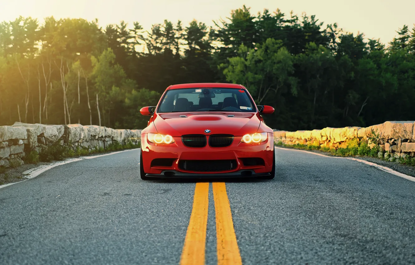 Photo wallpaper red, lights, bmw, BMW, red, the front, e90, running lights