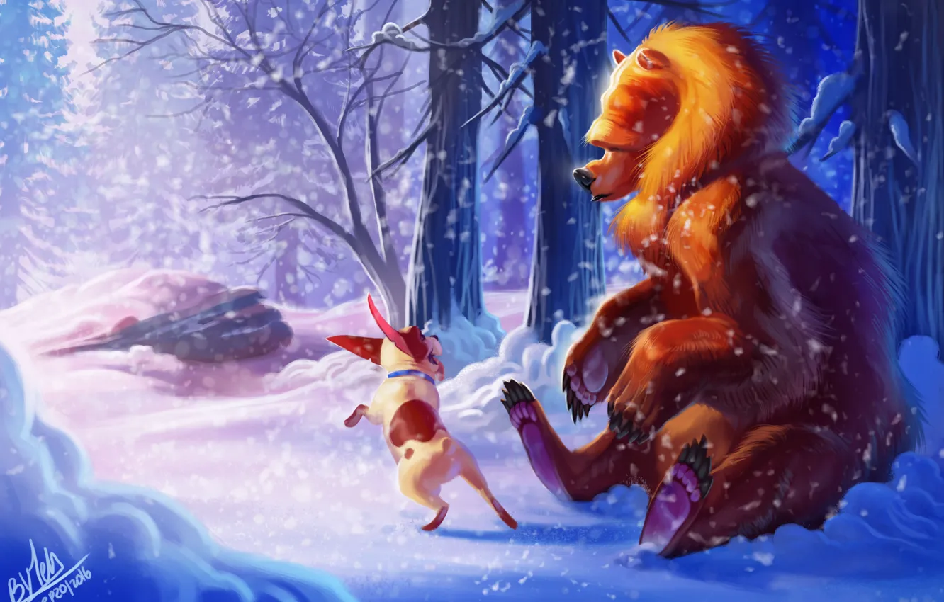 Photo wallpaper winter, forest, snow, dog, bear, by TehChan