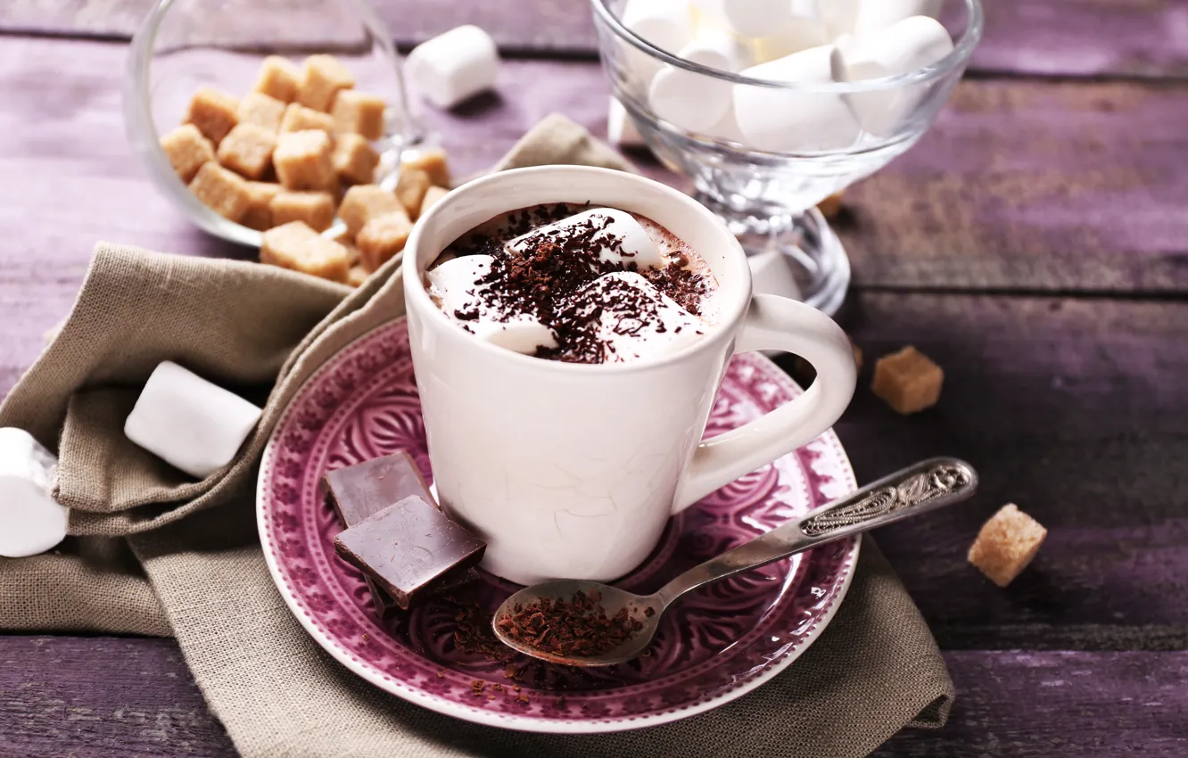 Photo wallpaper chocolate, hot, cup, chocolate, cocoa, cocoa, marshmallows, marshmallow