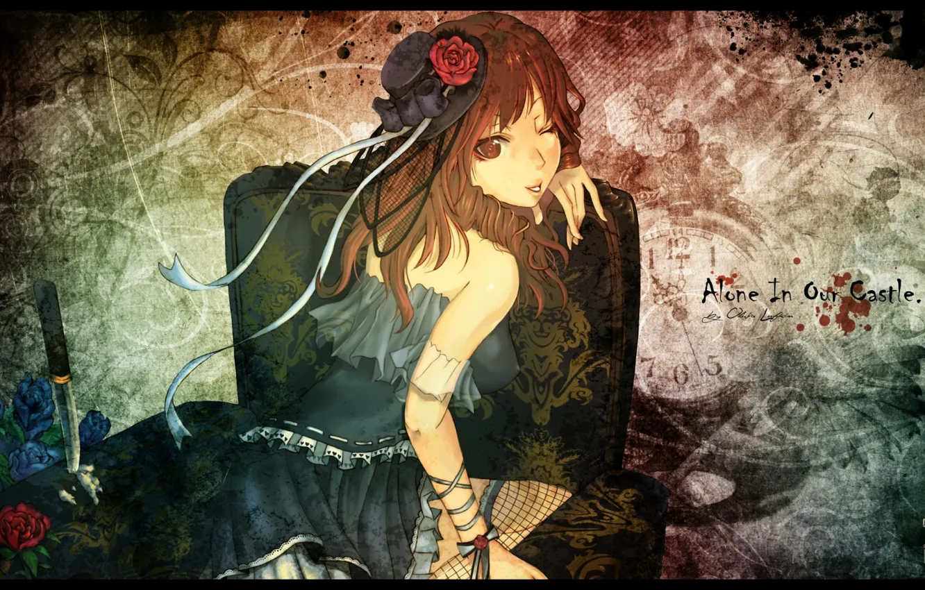 Photo wallpaper watch, roses, chair, knife, Girl, hat, wink, alon the our castle