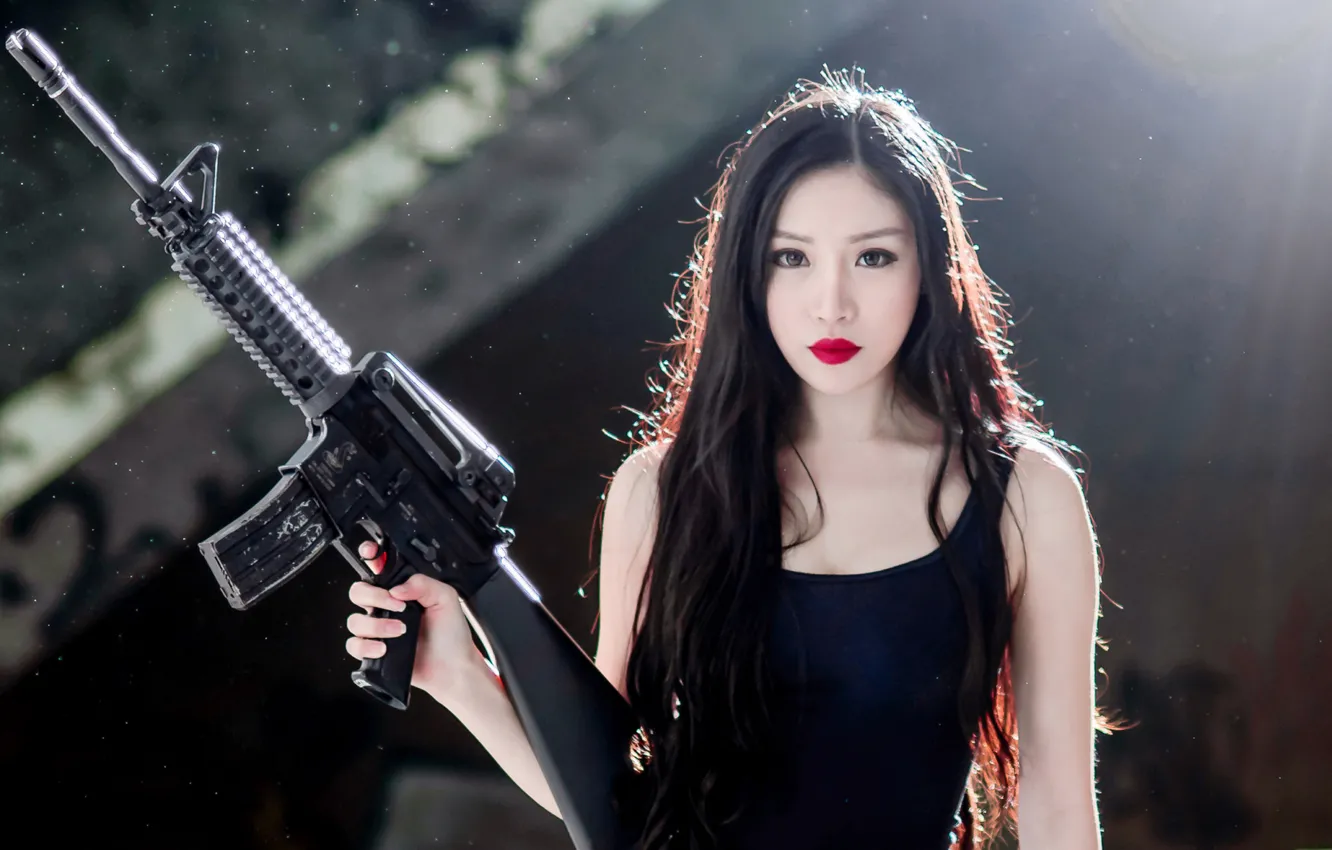 Photo wallpaper look, girl, face, weapons, Asian, assault rifle