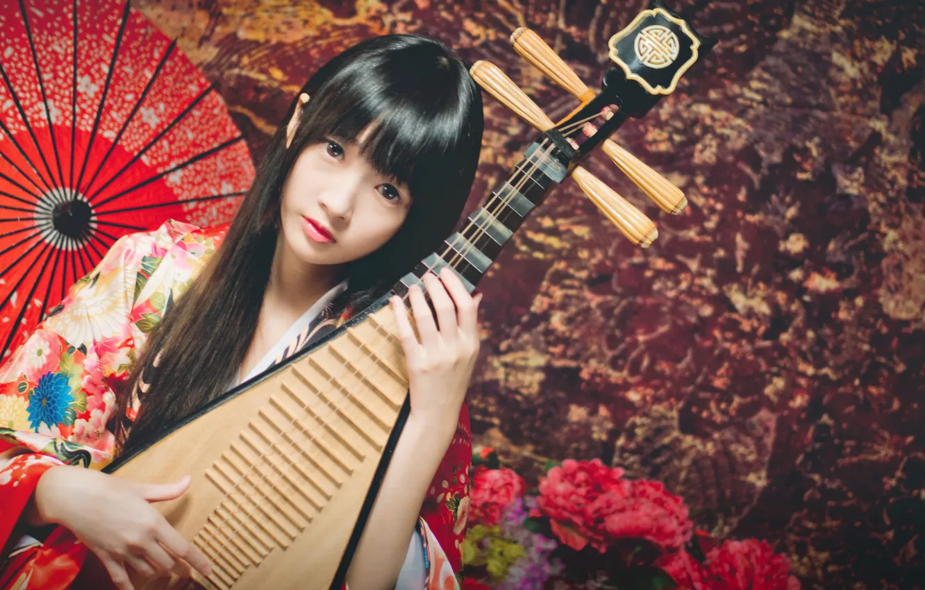 Photo wallpaper look, girl, umbrella, Asian, musical instrument, lute, Pipa