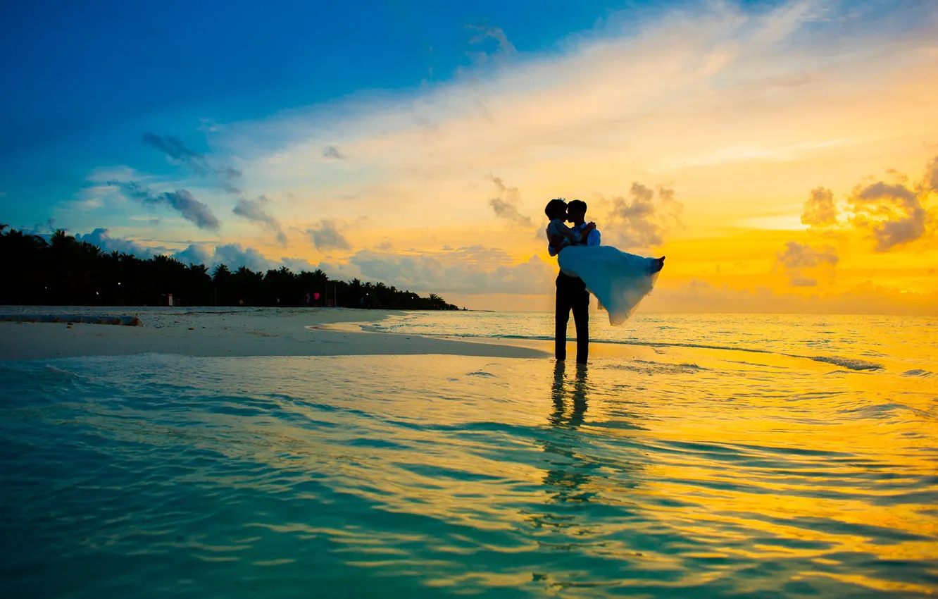 Photo wallpaper sea, girl, sunset, shore, hugs, male, lovers