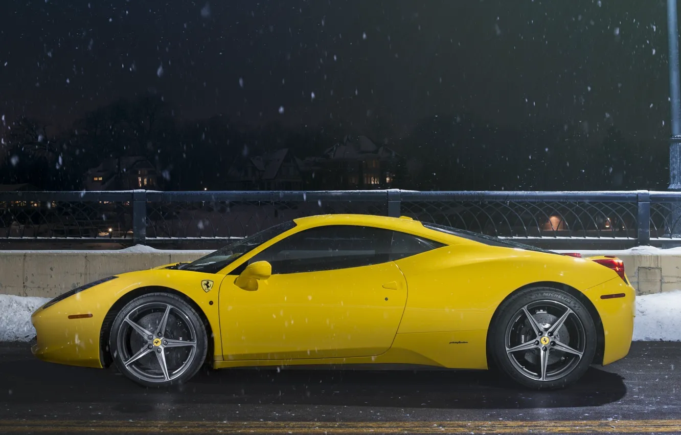 Photo wallpaper Ferrari, 458, Snow, Yellow, Side, Italia, Road, Supercar