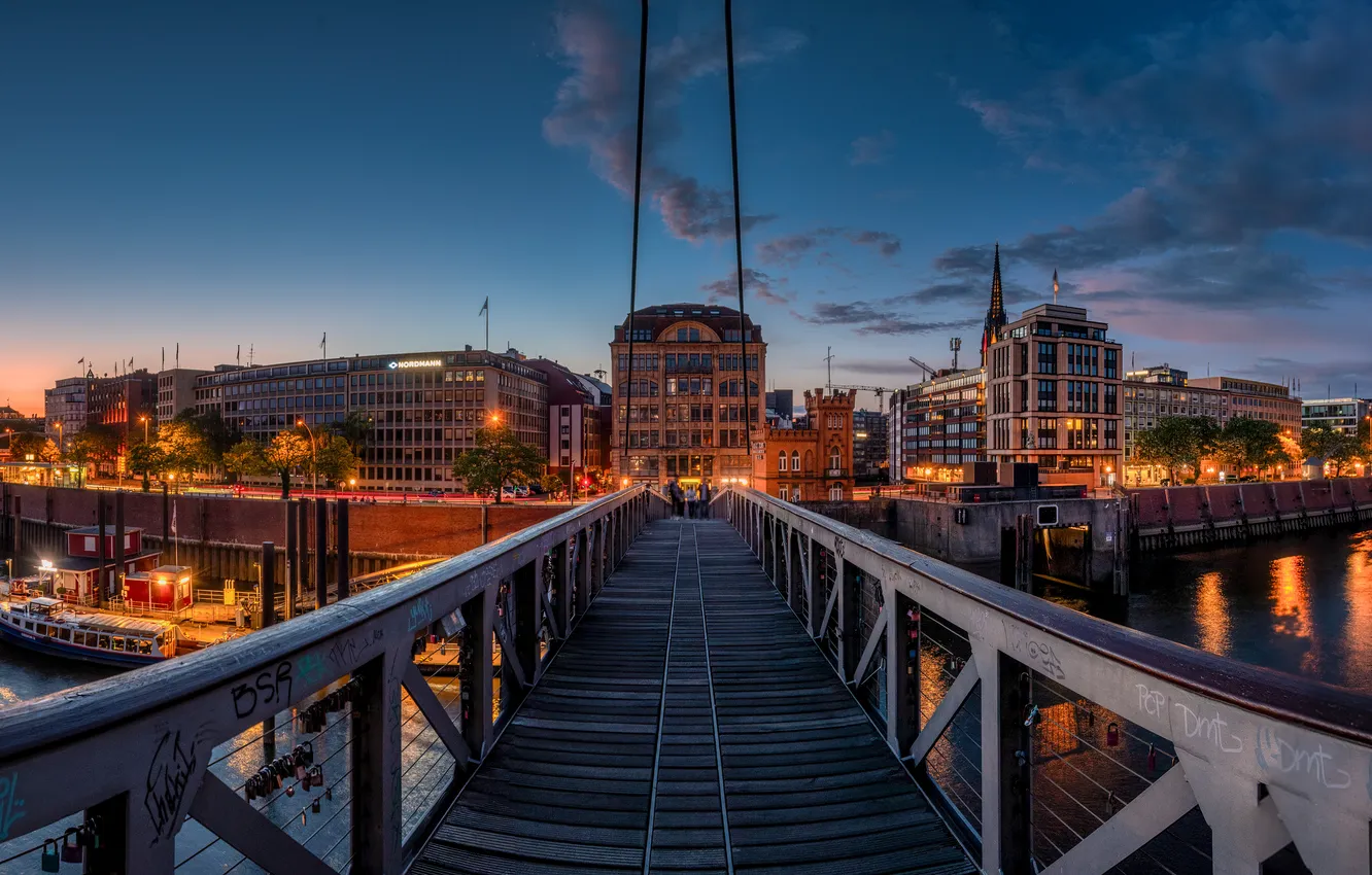Photo wallpaper bridge, river, the evening, Germany, Hamburg