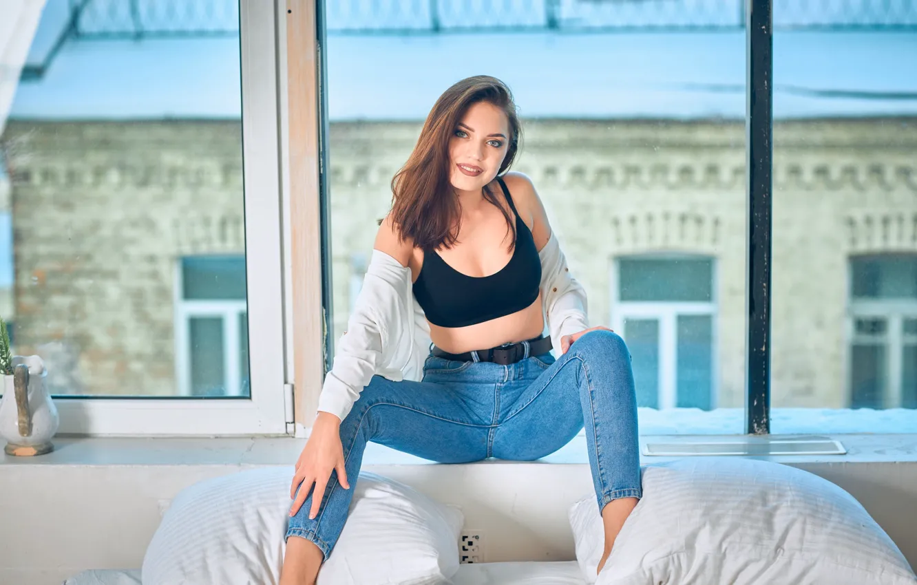 Photo wallpaper look, girl, pose, jeans, window, topic, on the windowsill, Grigory Pozdnyakov