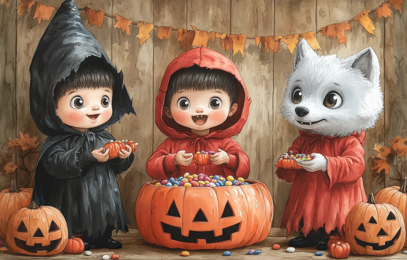 Photo wallpaper autumn, children, wall, holiday, wolf, mask, candy, flags