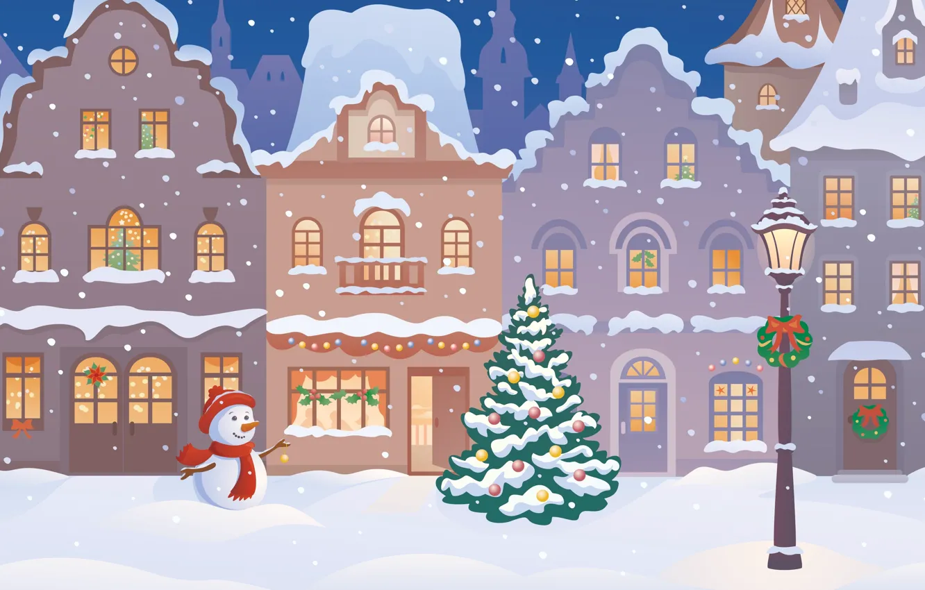 Photo wallpaper winter, snow, city, the city, tree, new year, home, snowman