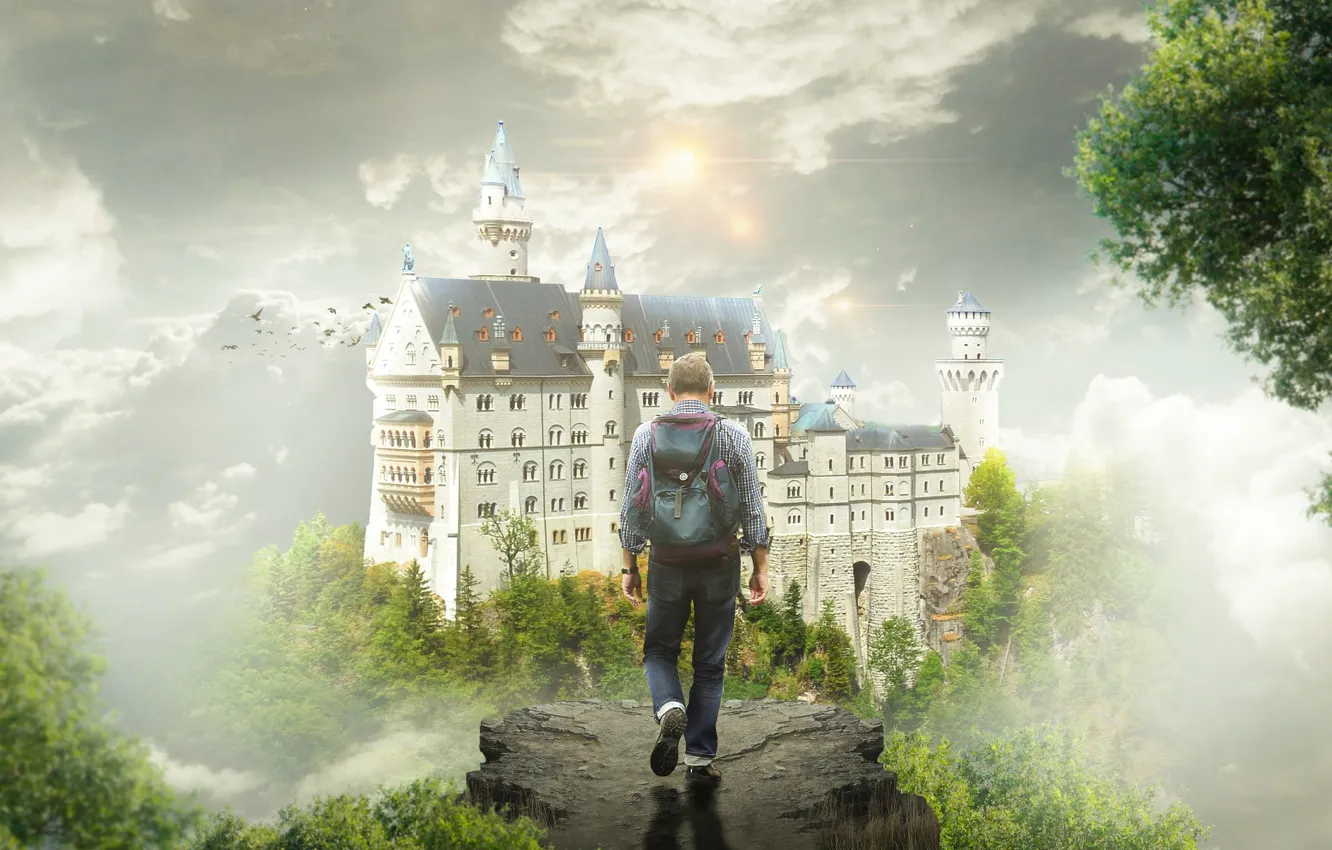 Photo wallpaper the sky, trees, fog, castle, fantasy, open, bird, sleep