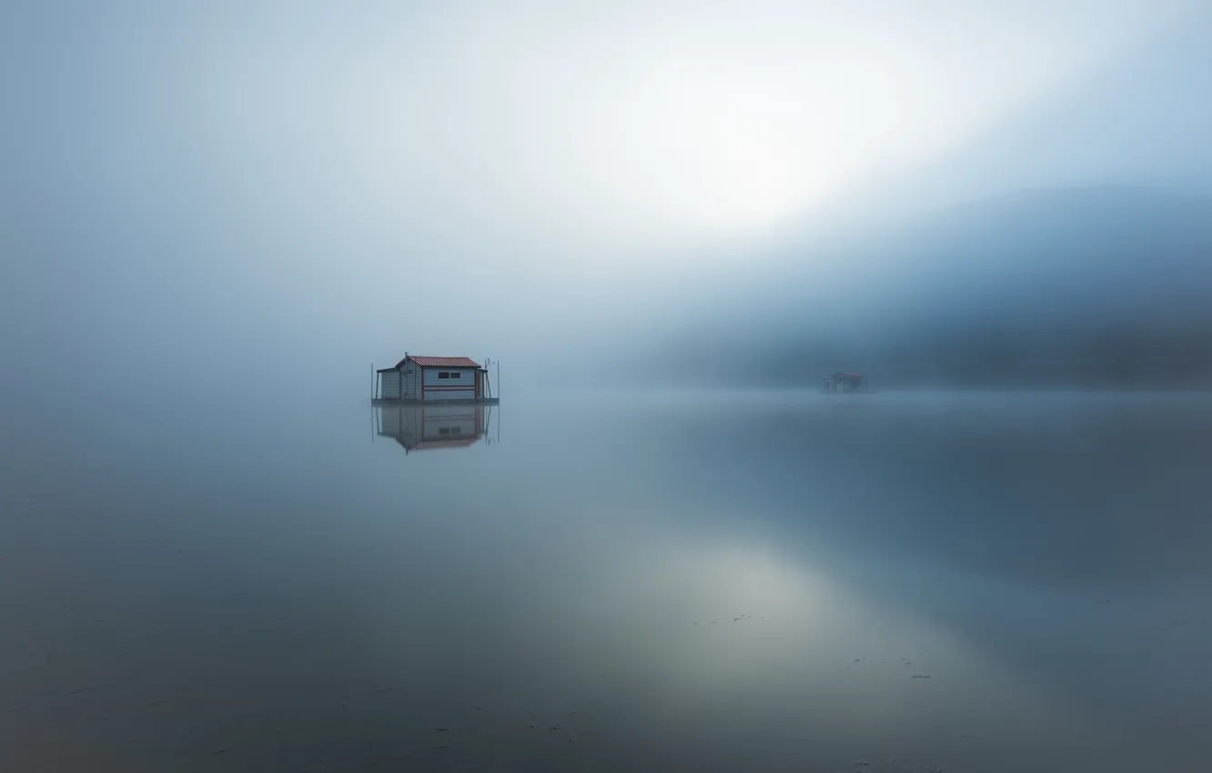 Photo wallpaper fog, lake, morning