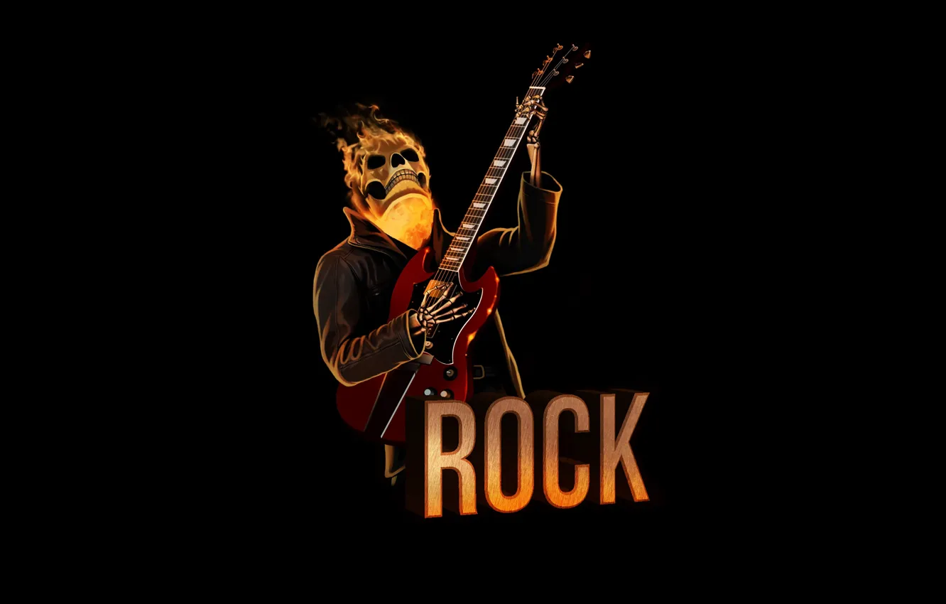 Photo wallpaper red, lights, skull, guitar, minimalism, skeleton, sake, rock