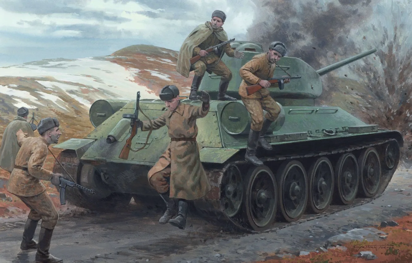 Photo wallpaper war, soldiers, tank, T-34