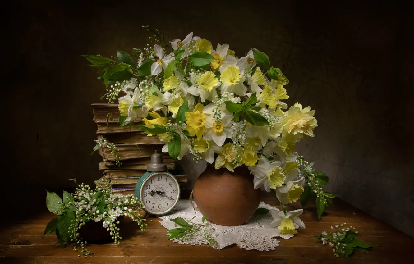 Photo wallpaper style, books, bouquet, alarm clock, still life, daffodils, cherry, Tatiana Fedenkova