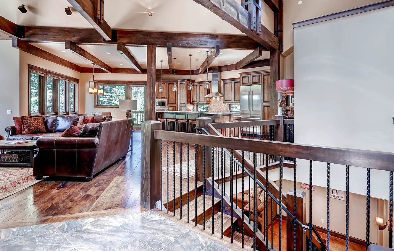 Photo wallpaper design, style, Villa, interior, kitchen, ladder, living room, Rocky Mountain