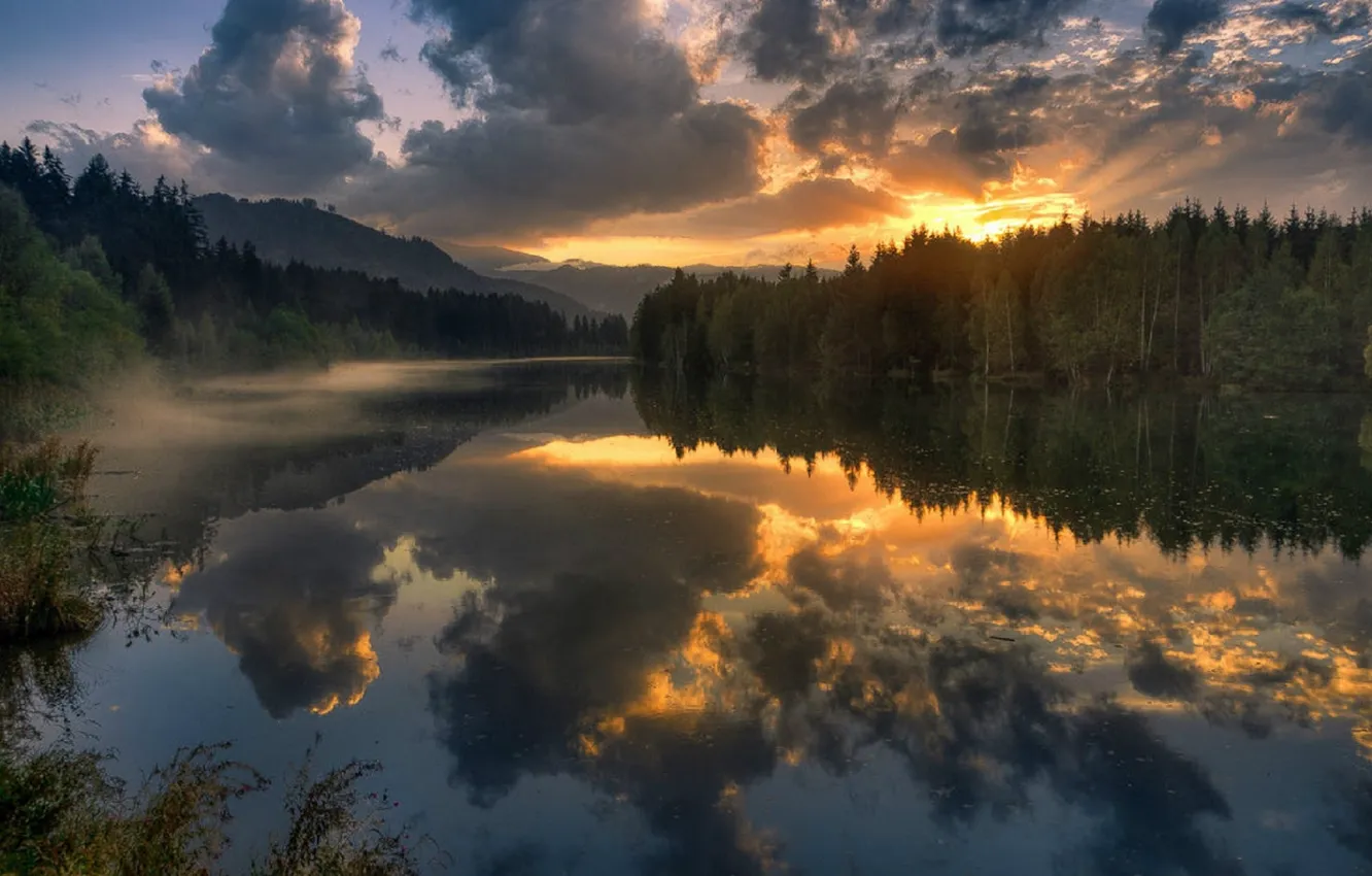 Photo wallpaper river, sunrise, the reflection in the water