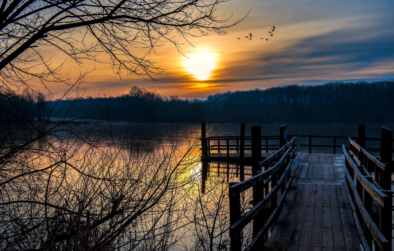 Photo wallpaper sunset, bridge, lake
